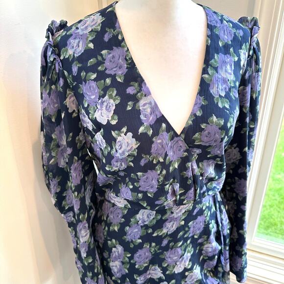 Saylor Merritt Chiffon Medium Purple Floral Blue Long Sleeve Dress Mini - Picture 6 of 11